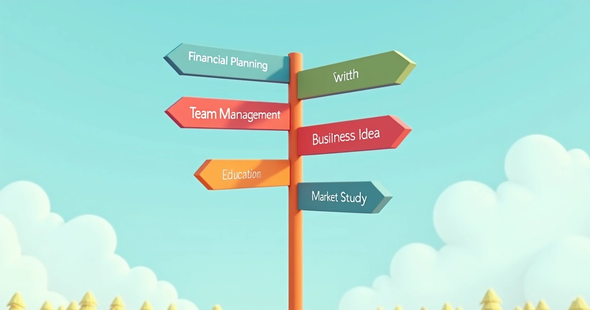 Sinalização ilustrada de caminhos com setas apontando diversas áreas de empreendedorismo. 