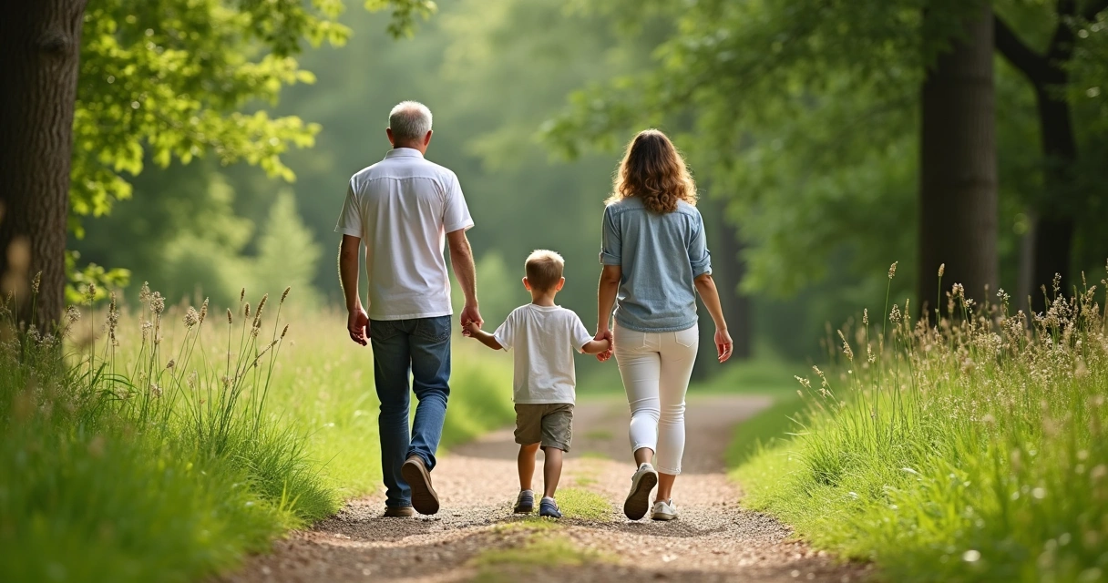 Várias gerações caminhando em trilha leve na natureza 