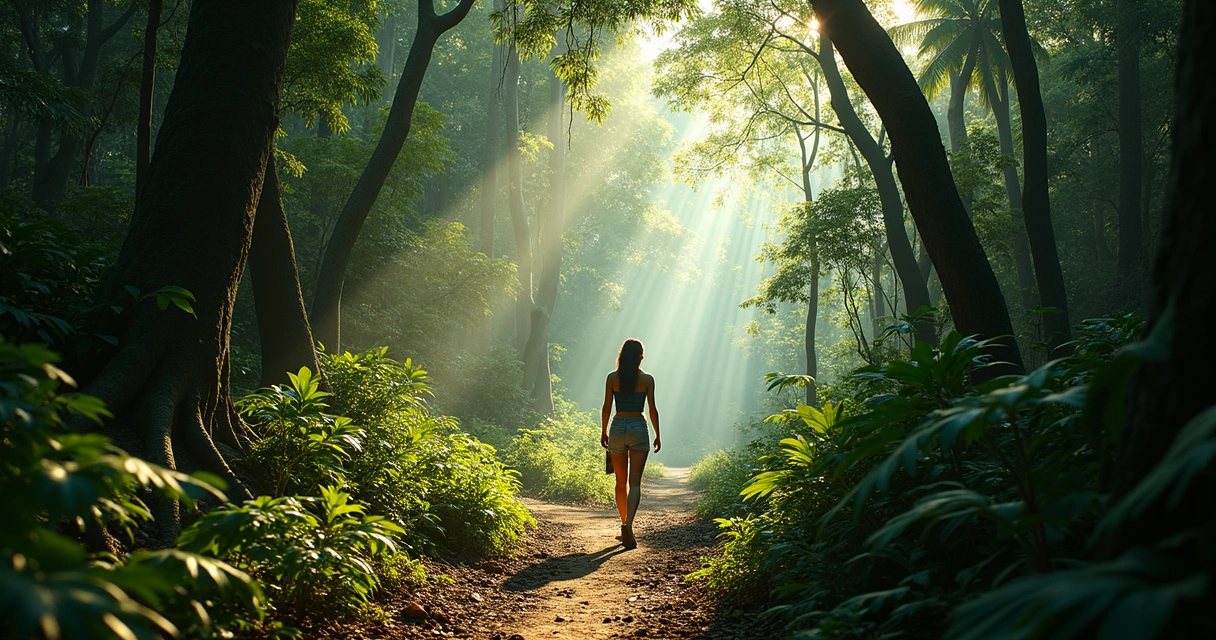 Pessoa caminhando em trilha de floresta tropical brasileira, folhagem densa e luz do sol filtrando 