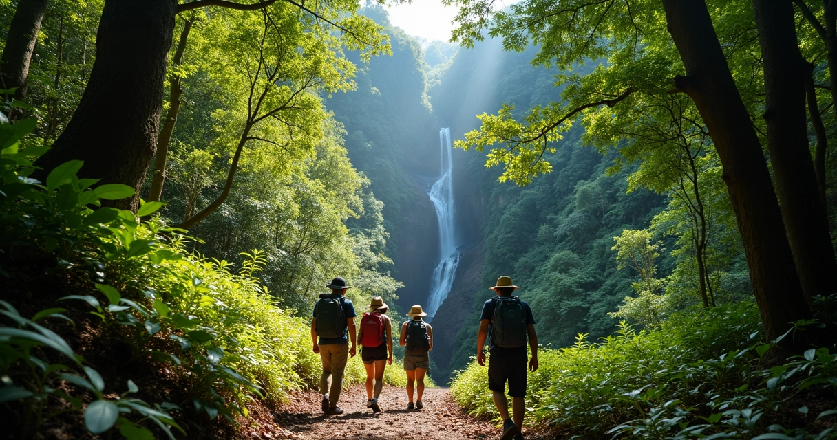 Trilha em floresta de cerrado com cachoeira ao fundo na Chapada dos Veadeiros 