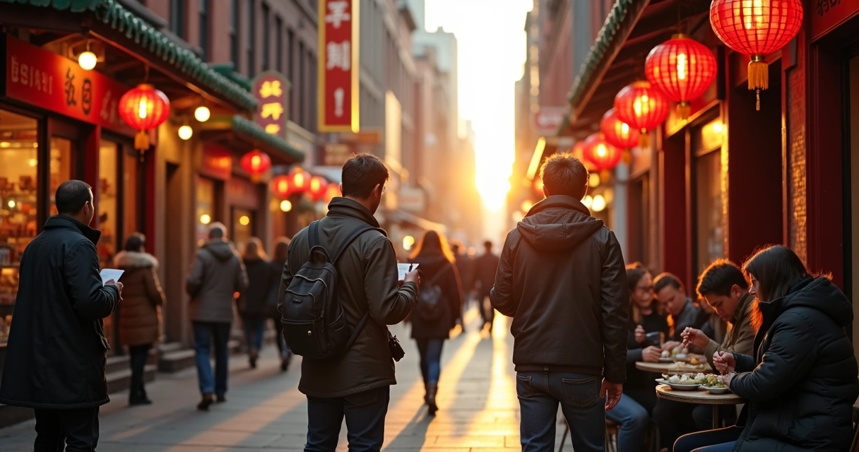 Grupo de pessoas visitantes em tour gastronômico em Chicago, com sinais de Chinatown e restaurante asiático ao fundo 