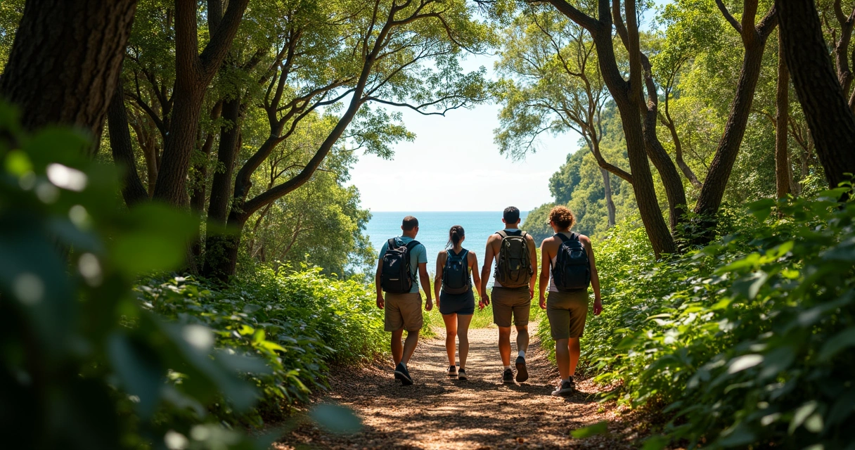 Trilha rodeada por mata atlântica em Ilhéus, Bahia 
