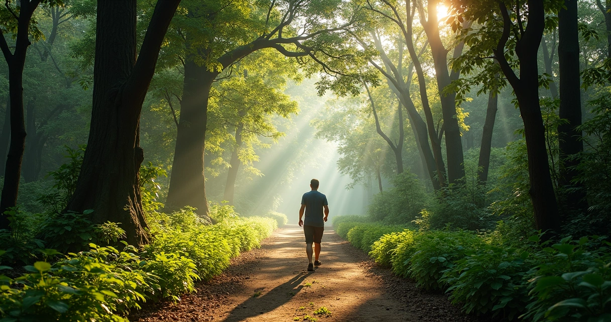 Pessoa caminhando em trilha cercada por vegetação densa 