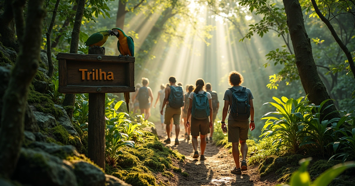 Caminhantes em trilha na Mata Atlântica com guia local 