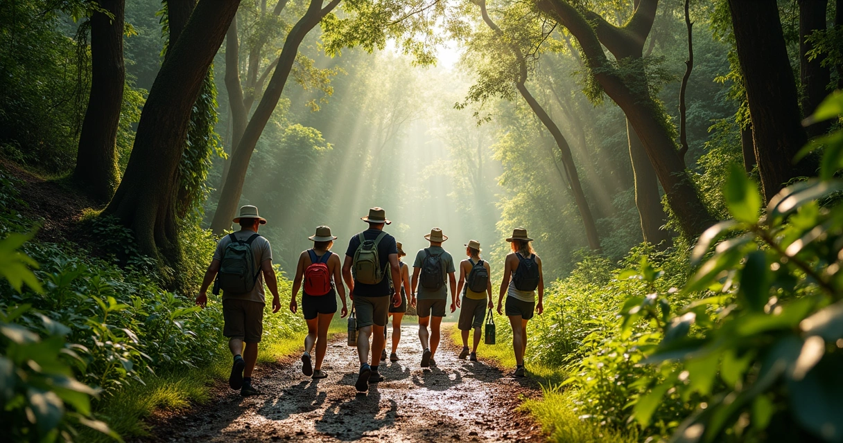 Trilha natural na Mata Atlântica com guias e turistas na floresta de Ilhéus 