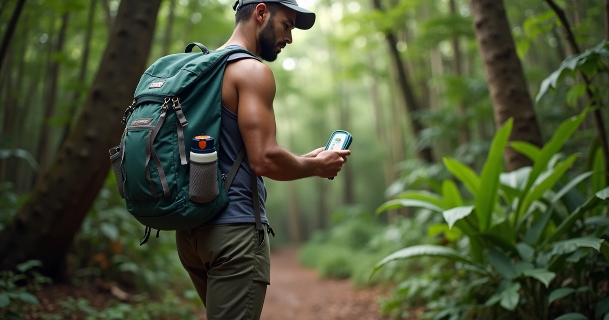 Pessoa em trilha de mata com mochila e kit de segurança