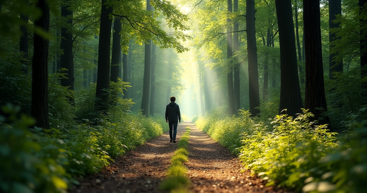 Pessoa caminhando em trilha rodeada por árvores e luz natural 