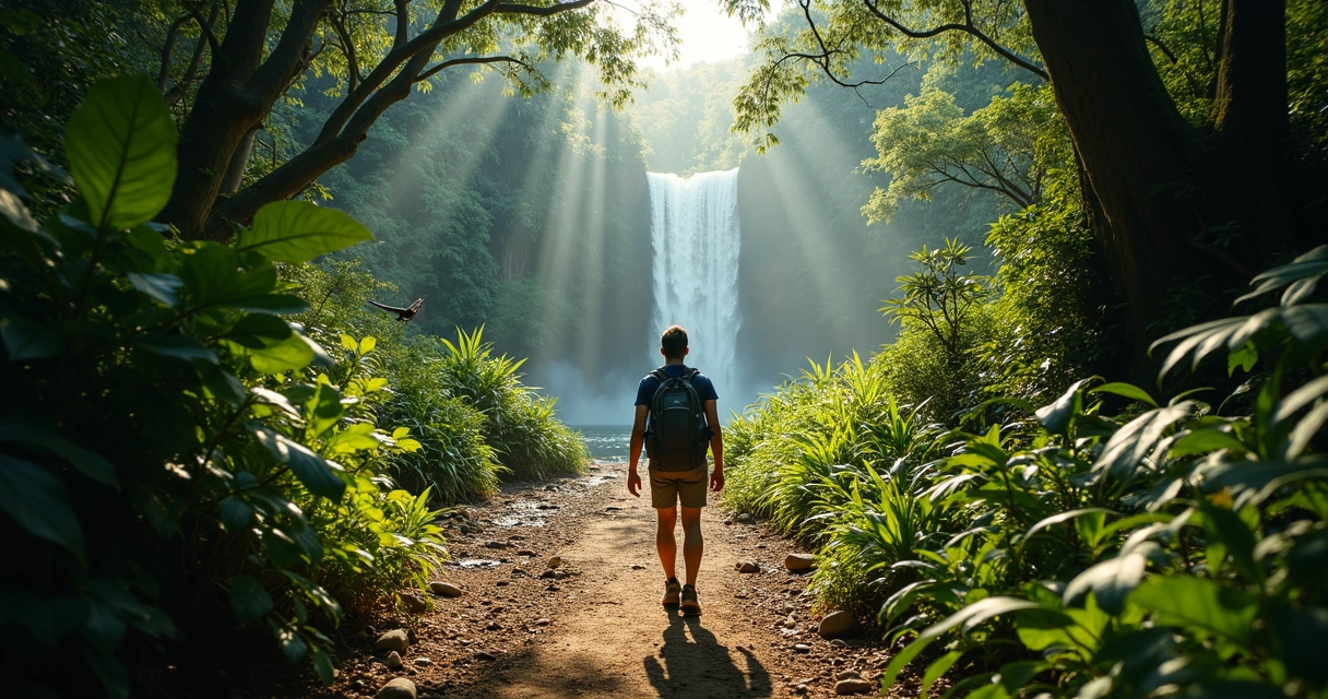 Viajante andando em trilha de terra na mata com cachoeira ao fundo 