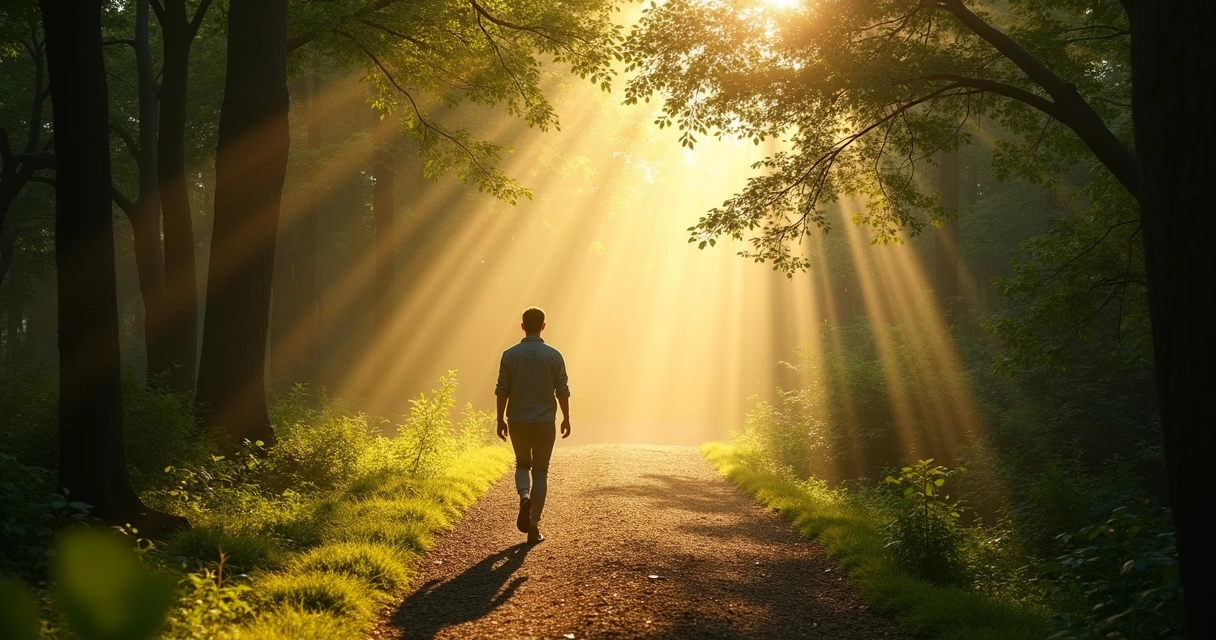 Pessoa caminhando sozinha em trilha na natureza, raios de sol ao fundo 