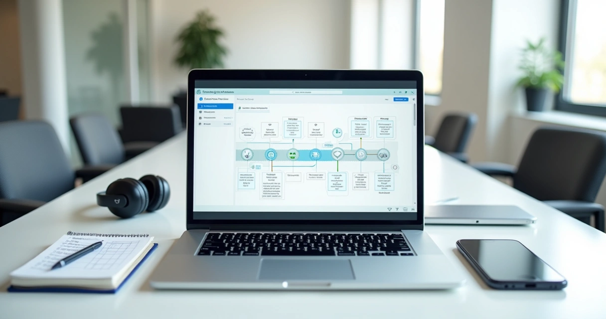 Tela de notebook mostrando trilha de onboarding digital com etapas concluídas e em progresso 