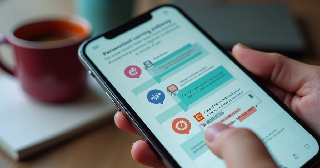 Trilha de aprendizado digital com módulos curtos em um aplicativo no smartphone