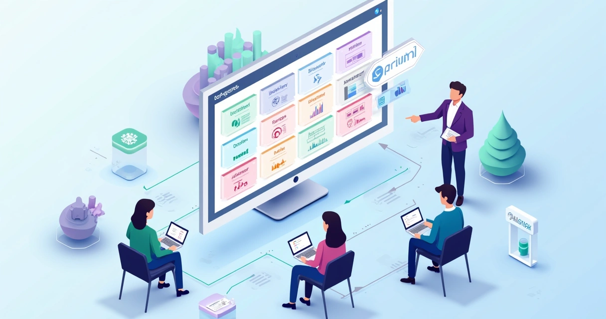 Profissionais de RH organizando trilha de aprendizado em Power BI em mural digital 