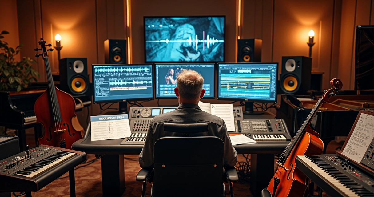 Compositor criando trilha sonora em estúdio de cinema