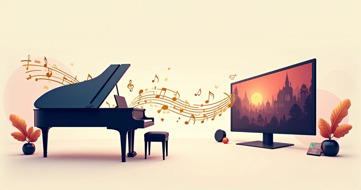 Reels of film flowing into piano keys and modern cinema screen 