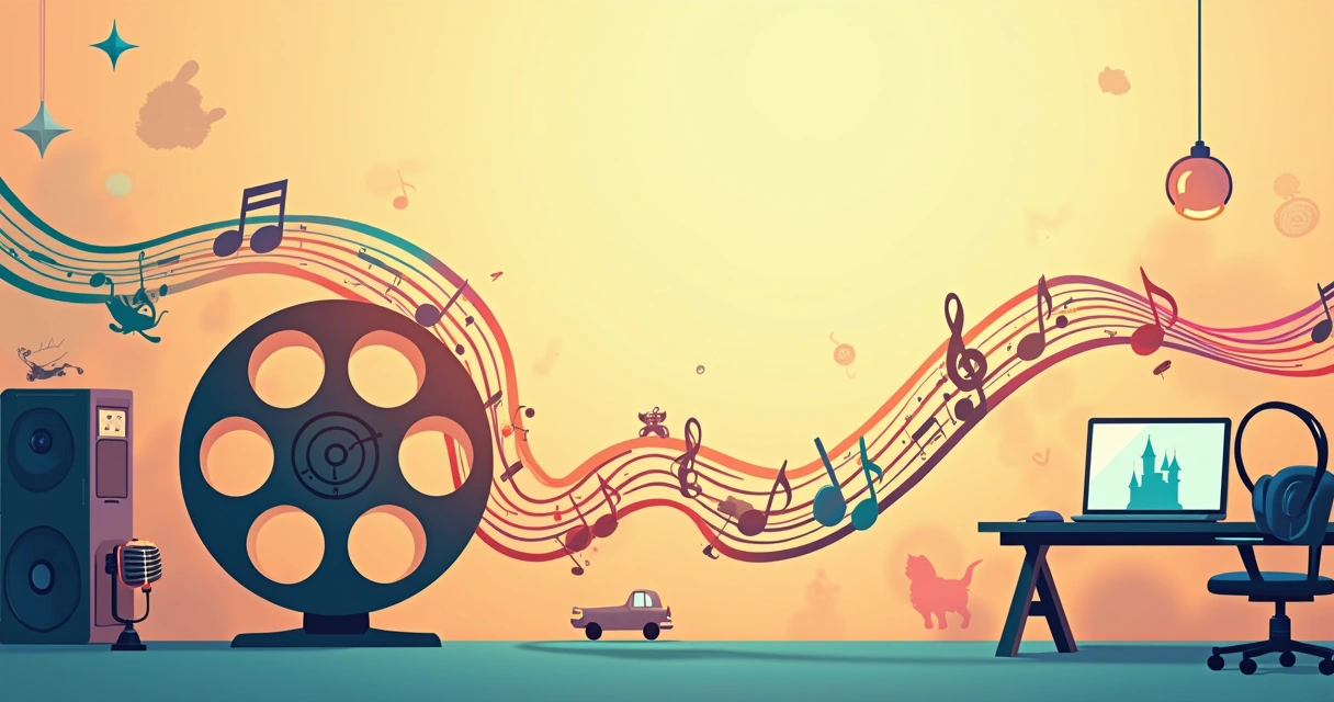 Estúdio criativo com fita de filme e partituras formando cenário de desenho animado clássico 