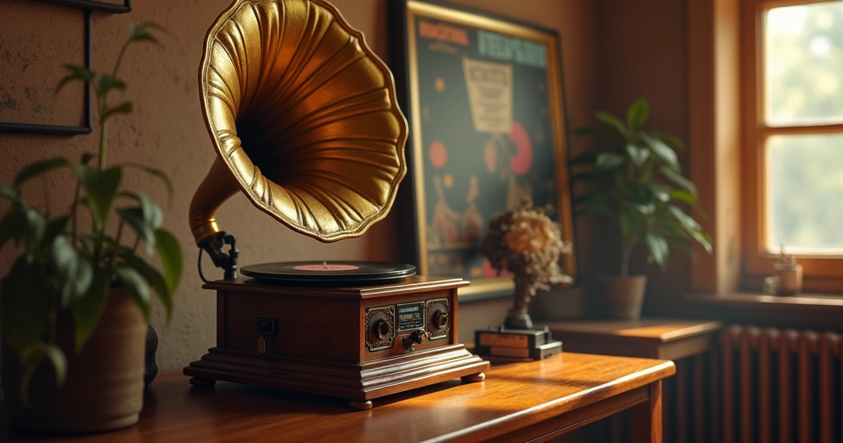 Vitrola antiga ao lado de pôster de filme clássico 