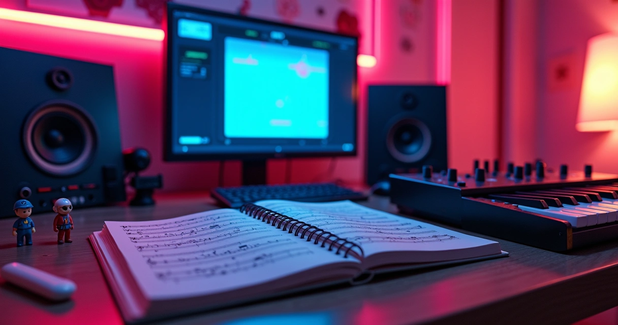 Mesa de produção musical com sintetizadores, partitura e tela de jogo retro 