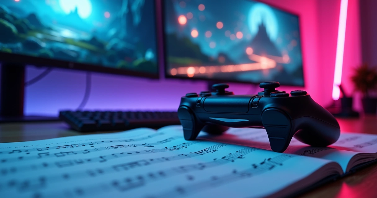Controle de videogame sobre partitura musical iluminada por luzes coloridas 