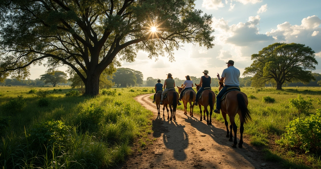 Trilha terrestre no Pantanal com turistas a cavalo observando vegetação 