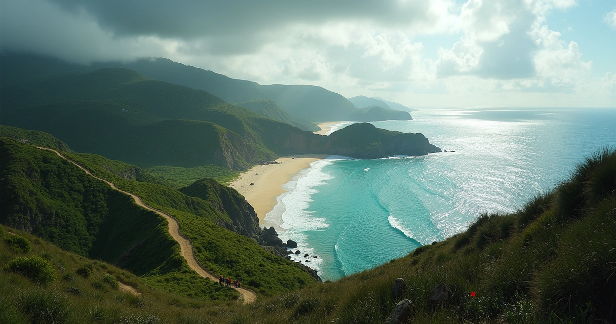 Trilha em meio a colinas verdes da Ilha de Páscoa com o mar ao fundo 