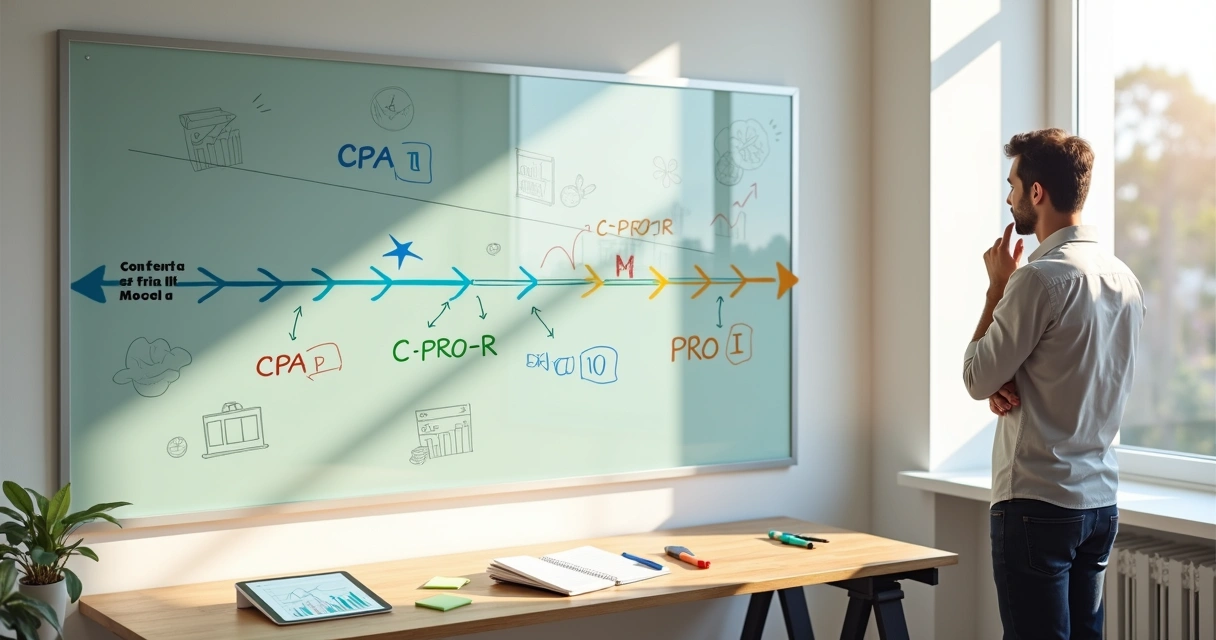 Pessoa analisando trilhas de certificações ANBIMA em quadro dividido em etapas 