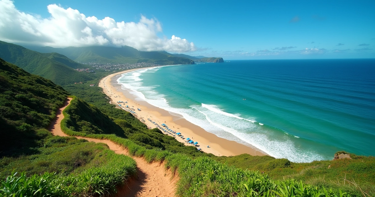 Costa de Florianópolis com trilha e praia vista de cima 