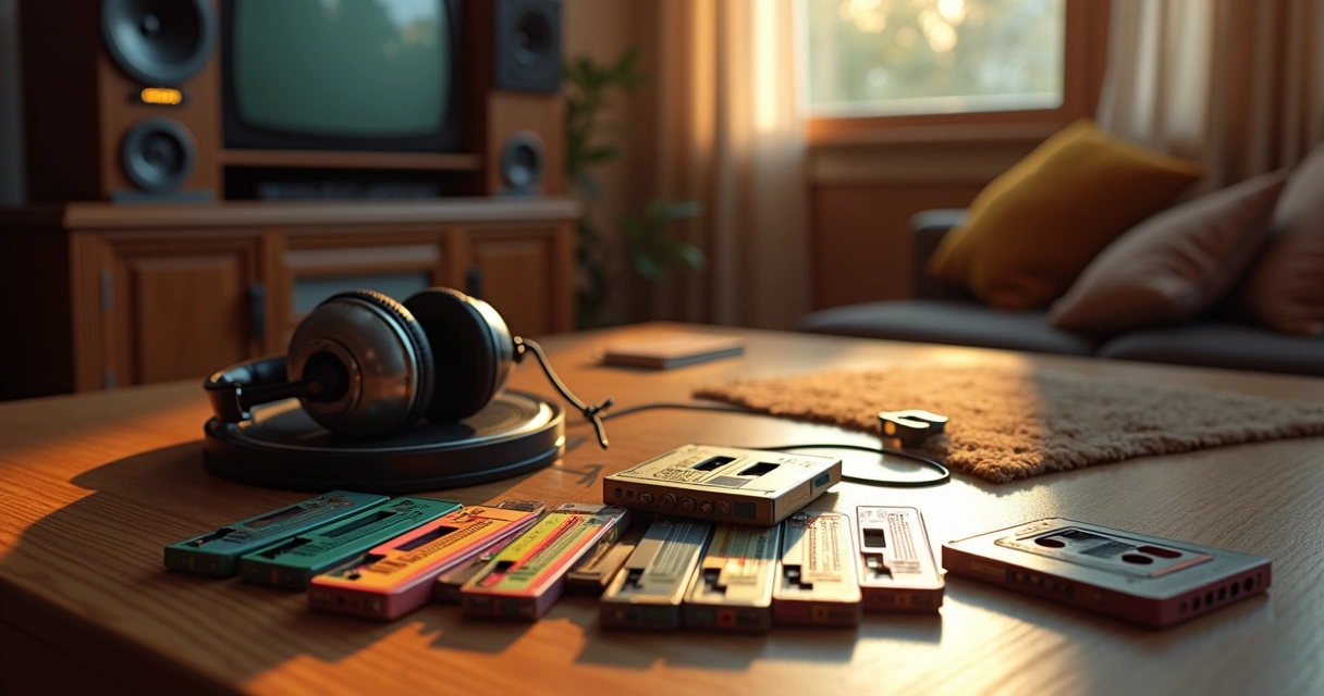 Trilhas sonoras de filmes clássicos em fitas cassete e rolos de filme sobre mesa de madeira 
