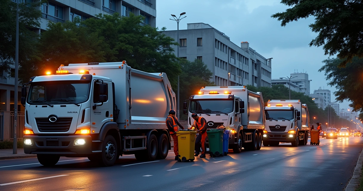 Caminhões de lixo em coleta urbana noturna