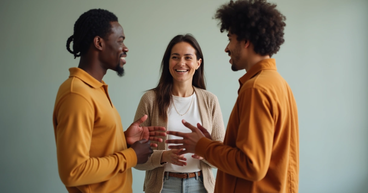 Três pessoas em pé conversando amigavelmente, cada uma com cores de roupa diferentes