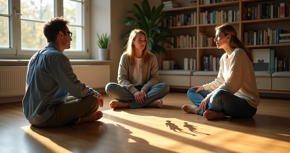 Três pessoas conversando vendo sombras diferentes no chão 