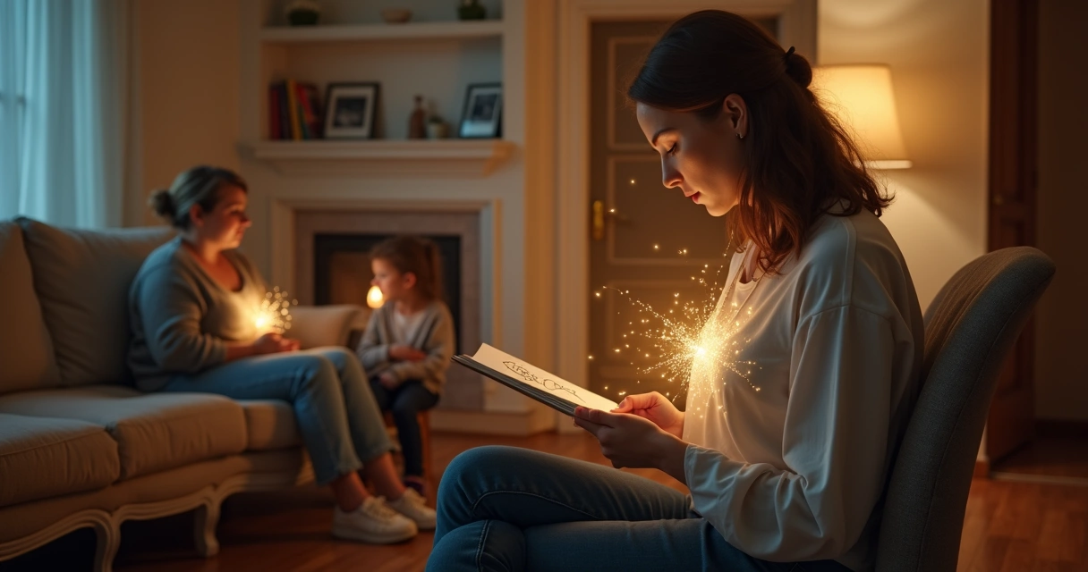 Três gerações ligadas por linhas sutis refletindo influência familiar invisível 
