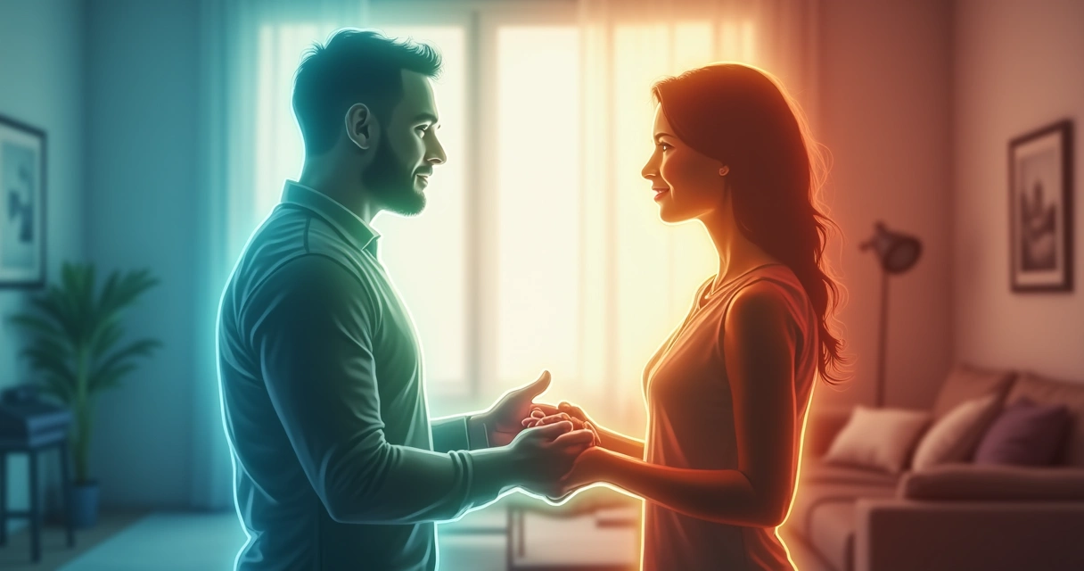 Três silhuetas transparentes sobrepostas, representando razão, emoção e proteção integradas num casal em harmonia 