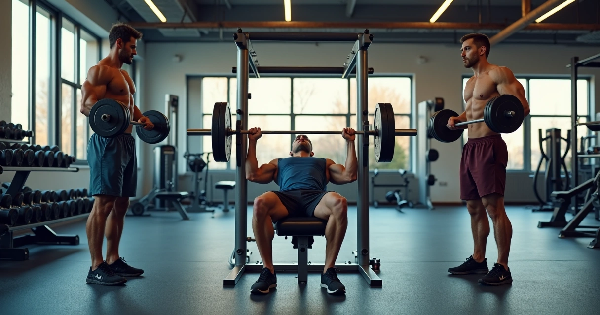 Trio treinando diferentes exercícios de musculação lado a lado na academia 