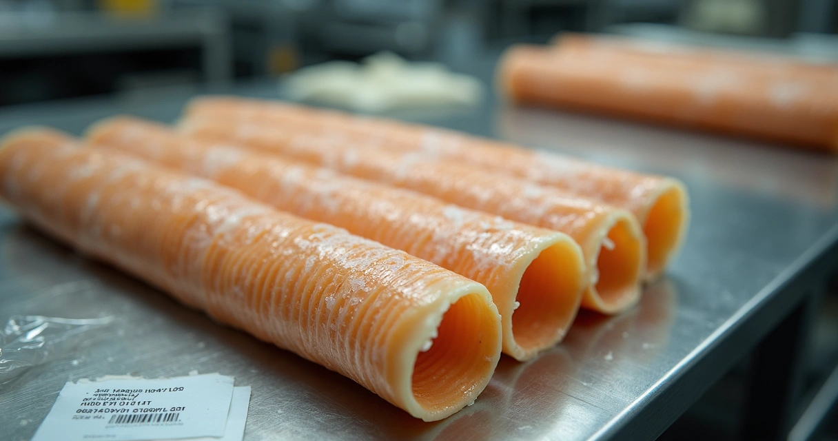 Tripas artificiais de colágeno e celulose dispostas em rolos em uma bancada de inox. 