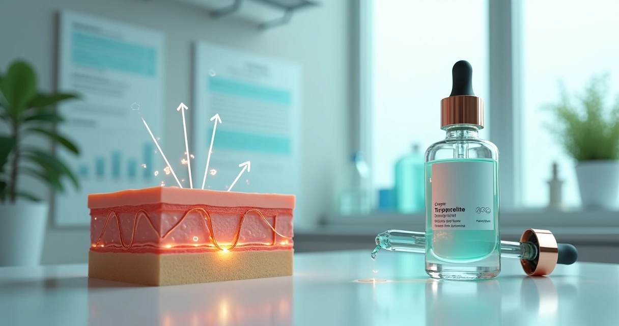 Frasco de dermocosmético com tripeptídeo de cobre ao lado de ilustração científica da pele 
