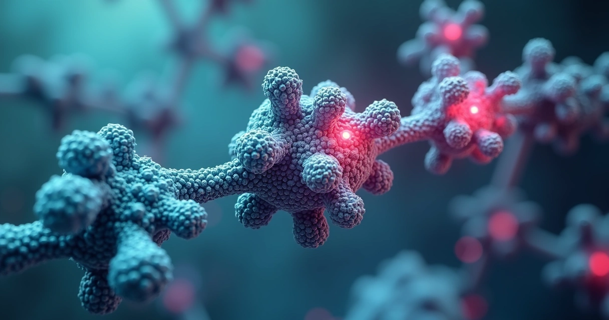 3D illustration of a molecule connecting three distinct receptor sites with background graphics showing metabolic pathways.