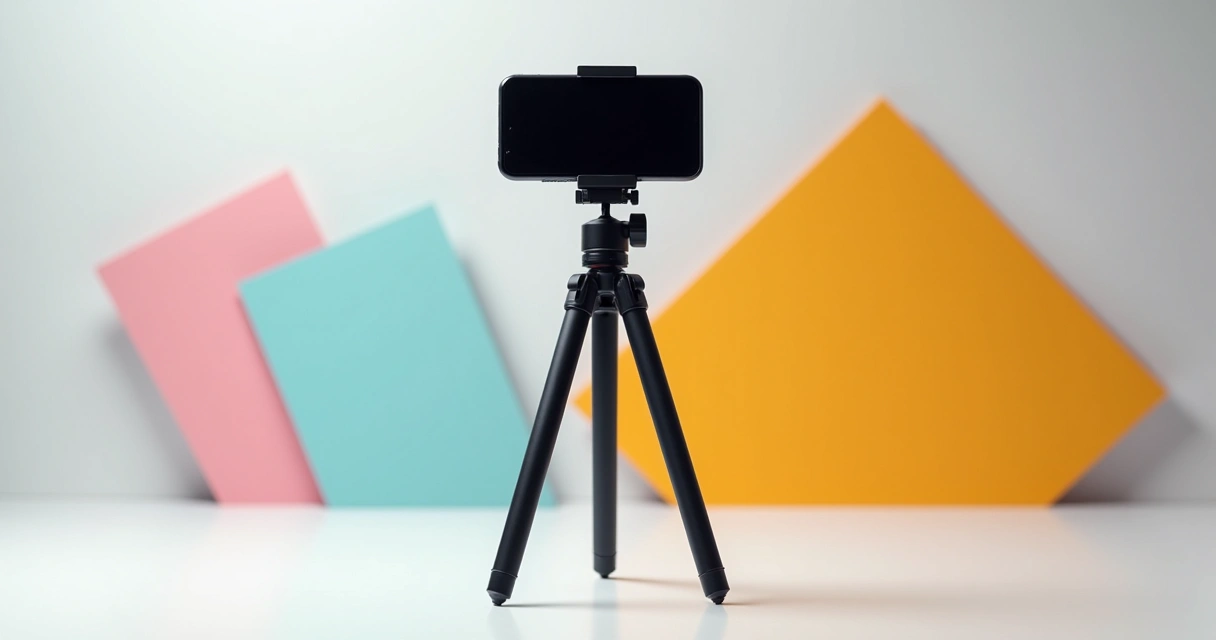 Mini tripé preto com celular em fundo branco
