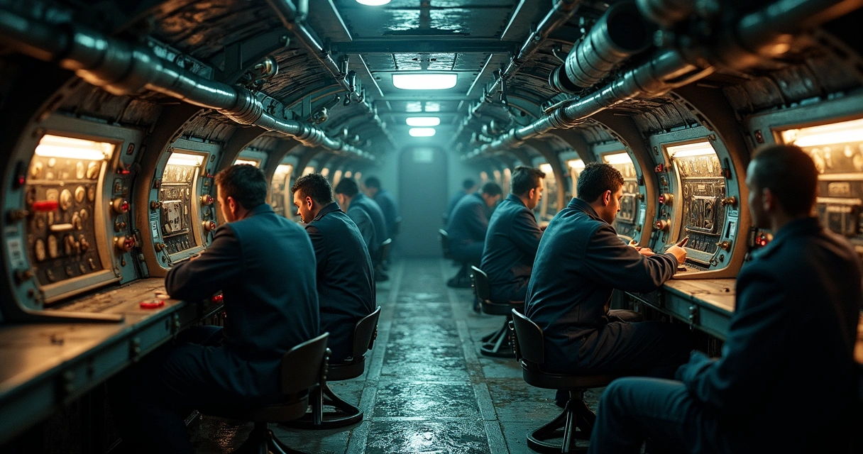 Tripulação de U-boot em operação dentro do submarino