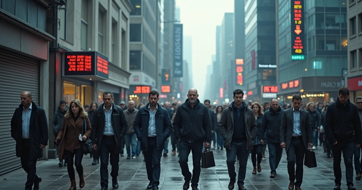 Grupo de pessoas cabisbaixas em cidade cinzenta durante crise econômica 