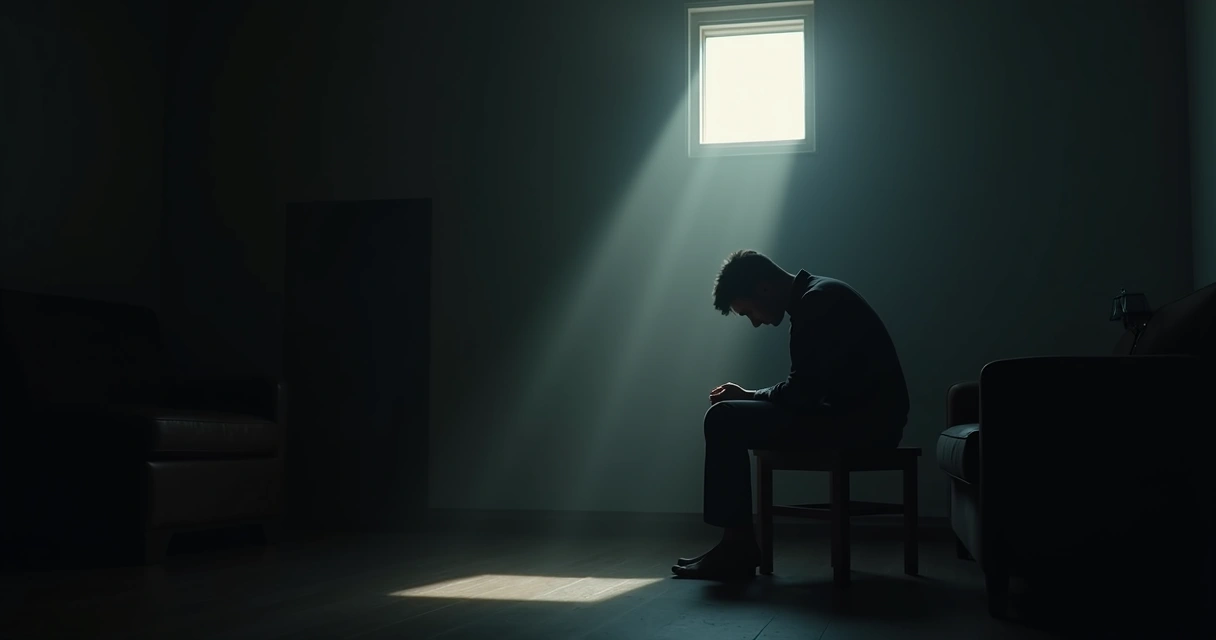 Pessoa sentada sozinha em ambiente escuro olhando para baixo