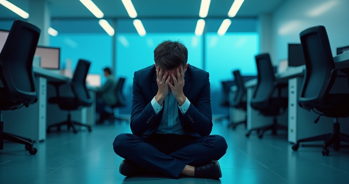 Pessoa sentada no chão do escritório, encostada na parede, cabeça baixa, mãos cobrindo o rosto, luz ambiente fria 