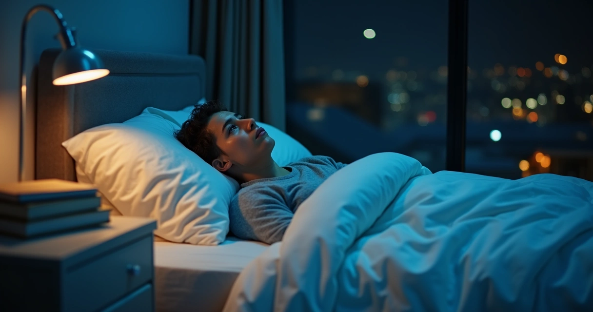 Pessoa deitada na cama olhando o teto, expressionando tristeza