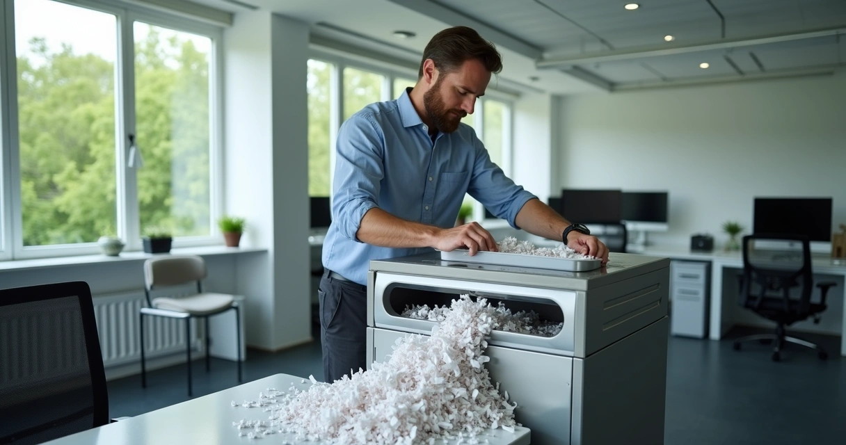Funcionário operando máquina de trituração de papel confidencial em ambiente industrial moderno 