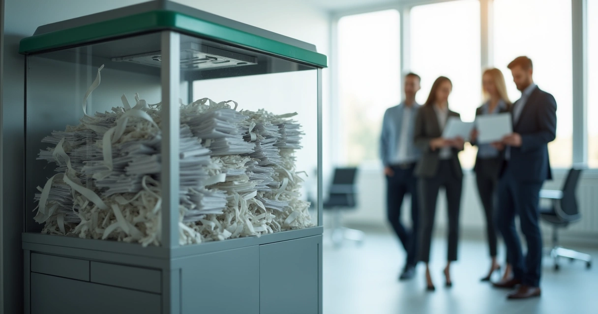 Máquina de trituração triturando pilha de papel confidencial 