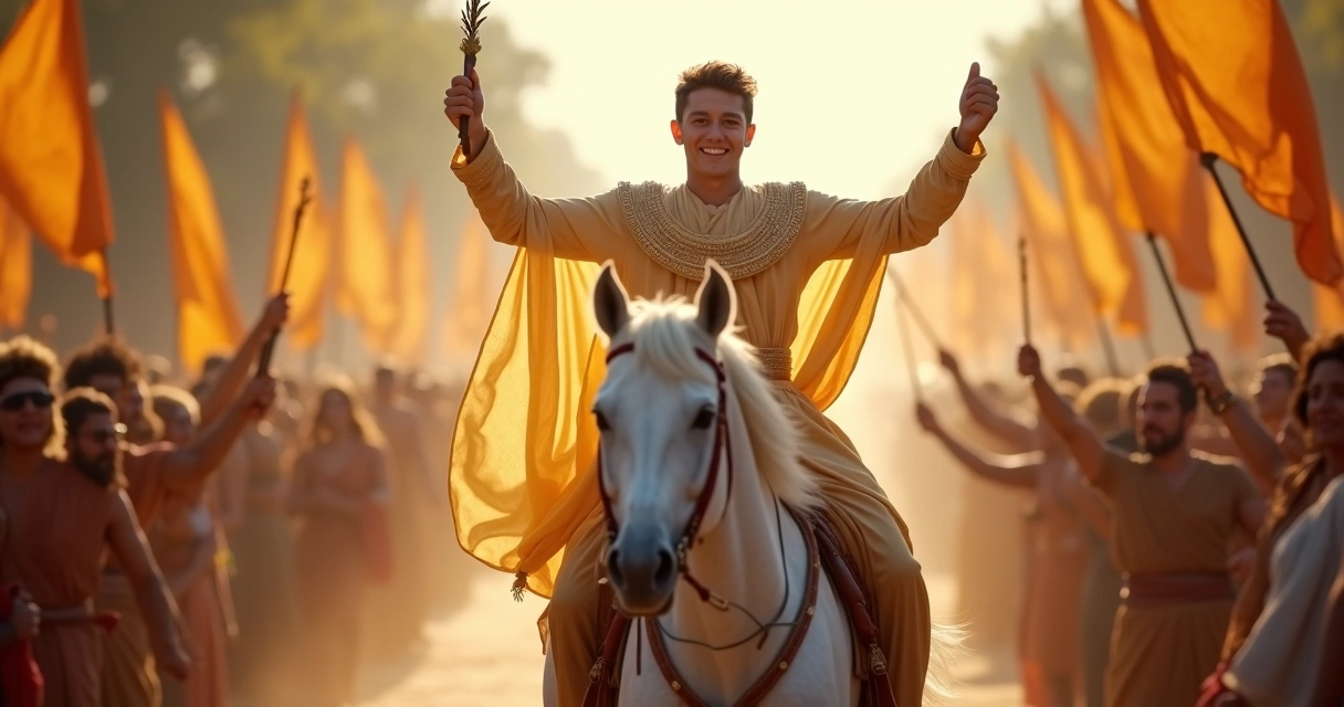 Horseman holding laurel and wand riding through a cheering crowd