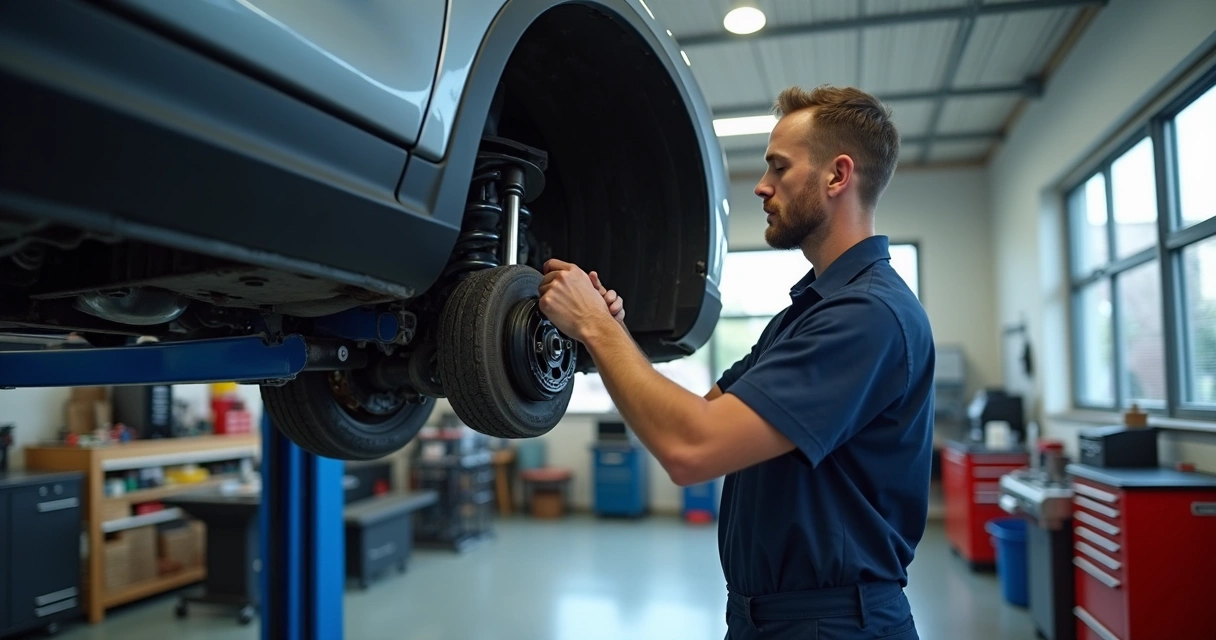 Mecânico trocando amortecedor em oficina automotiva 
