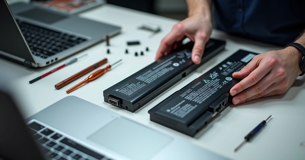 Técnico comparando bateria de notebook e etiquetas de modelo