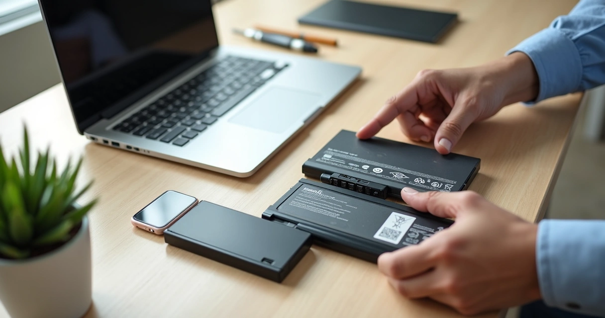 Usuário escolhendo nova bateria ao lado de notebook aberto sobre mesa de escritório 