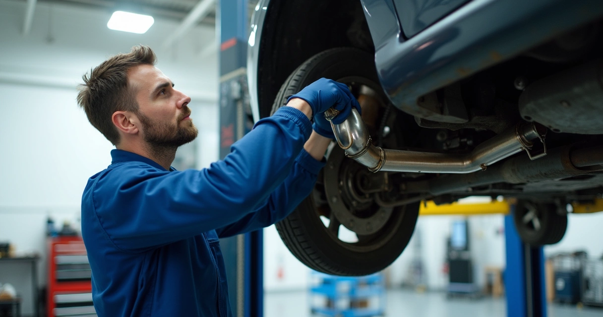 Mecânico conferindo catalisador em oficina automotiva 