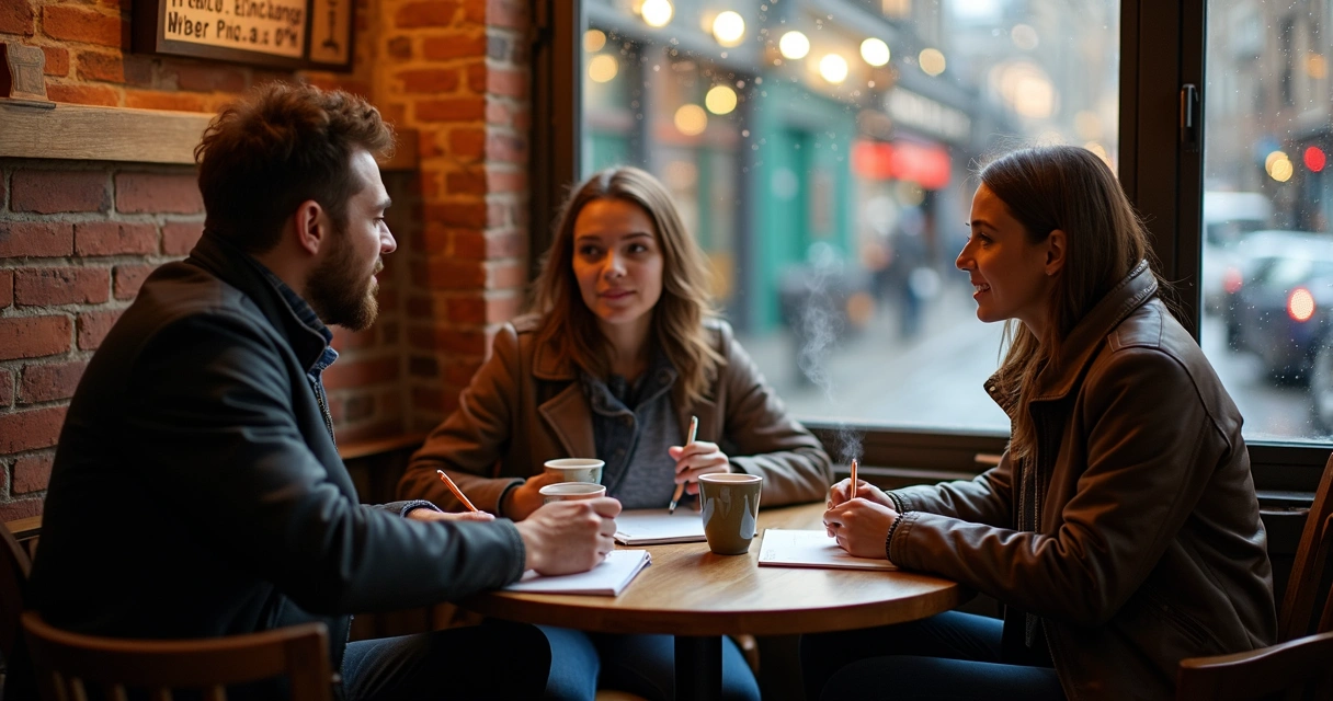 Grupo em café de Dublin praticando conversação em inglês. 